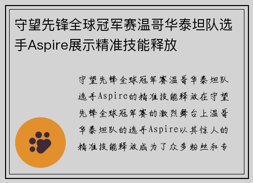 守望先锋全球冠军赛温哥华泰坦队选手Aspire展示精准技能释放
