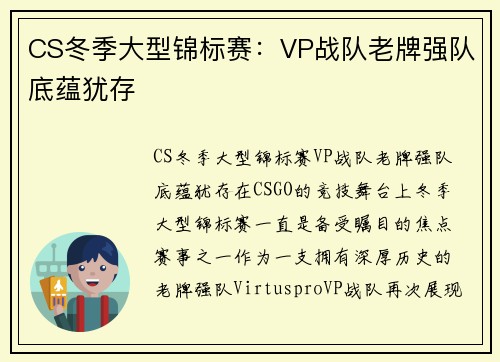 CS冬季大型锦标赛：VP战队老牌强队底蕴犹存